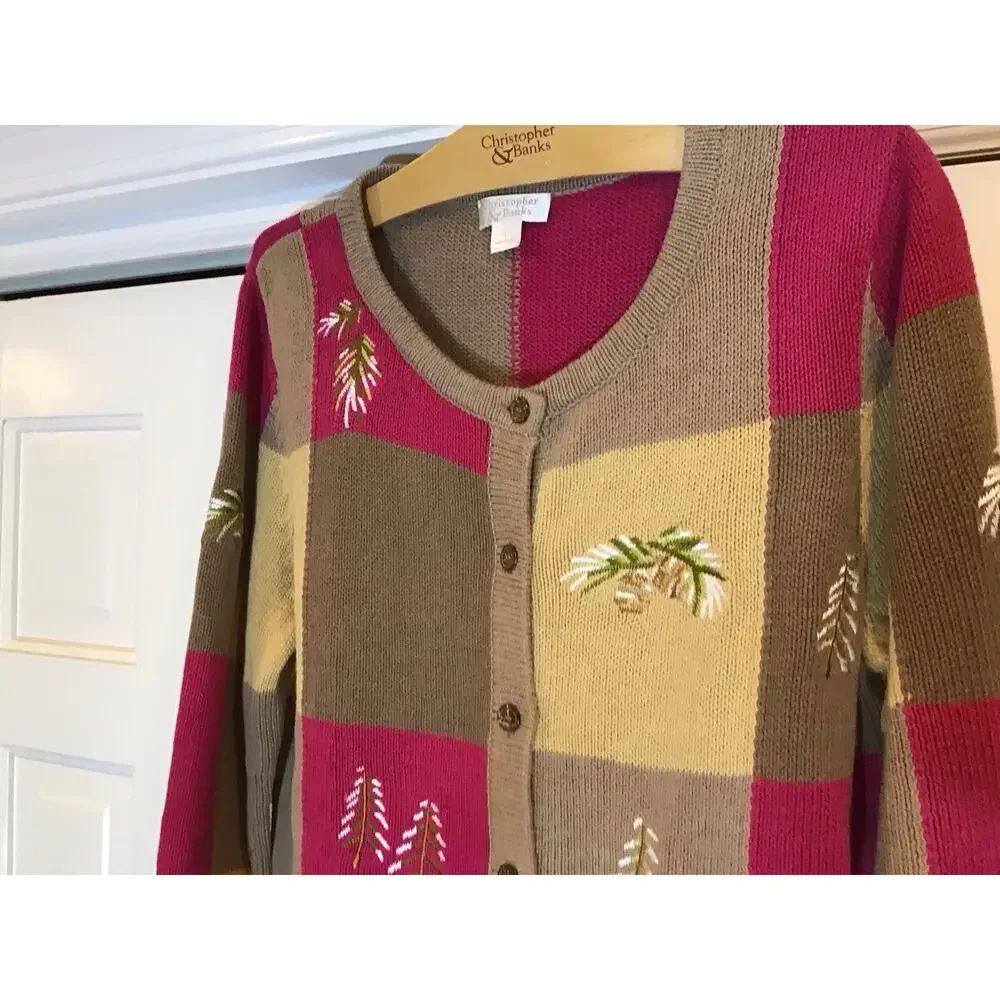 Christopher&Banks Fall Patchwork Embroidery Artsy Whimsy Cardigan L Grandmacore